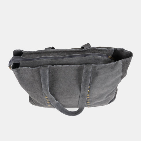 Bolso shopper para mujer de piel serraje con tachuelas gris Alexandra