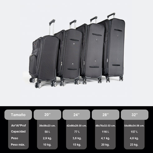 Maleta de viaje blanda extensible 56cm/66cm/76cm/86cm, 10kg/15kg/20kg/23kg, de tela poliéster Pissa Negro