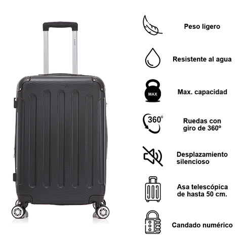 RAYKONG Mala de Viagem Média ABS 66x43x25cm | 71L | 24 Polegadas | até 23kg semirrígida - Preto