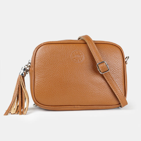 Bolso de Piel bandolera cuadrado marrón con pompón de mujer Cristin